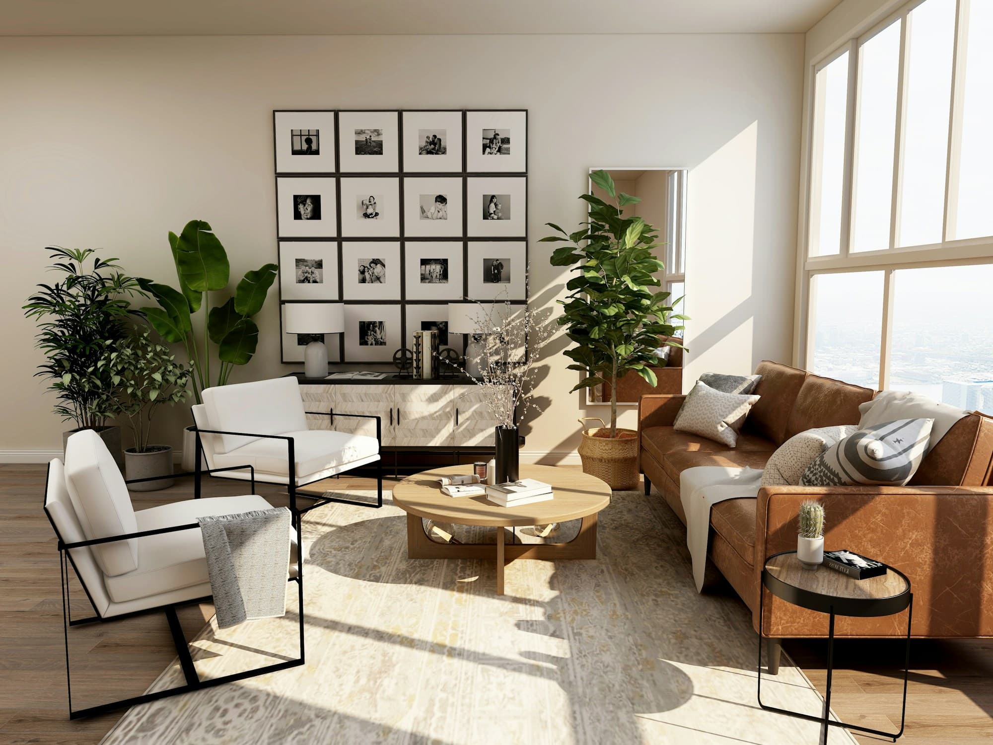 A home with natural light, plants, and a welcoming seating area