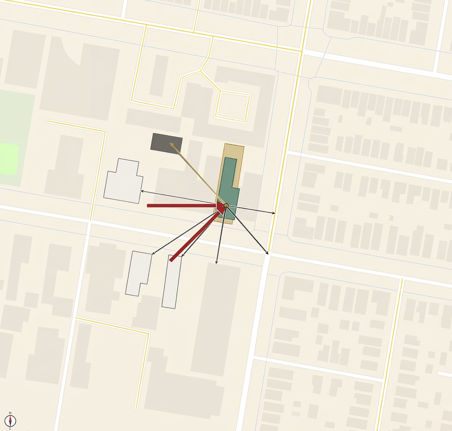 Composite property plate — parcel, roads, water, wind, nearby buildings, and directional arrows.