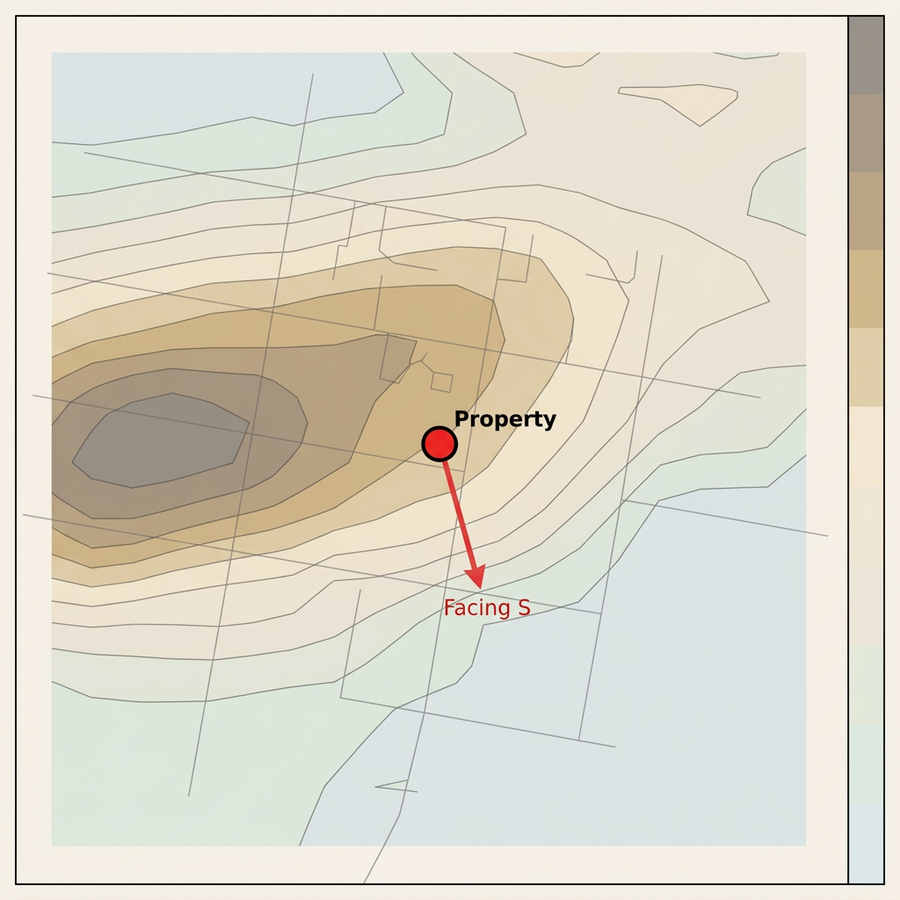 Terrain contour plate — 500m extent with property and facing direction.